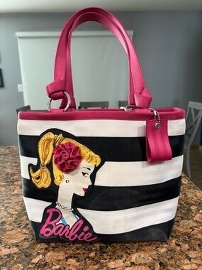 Barbie Black, White & Hot Pink Striped Tote with Barbie Graphic